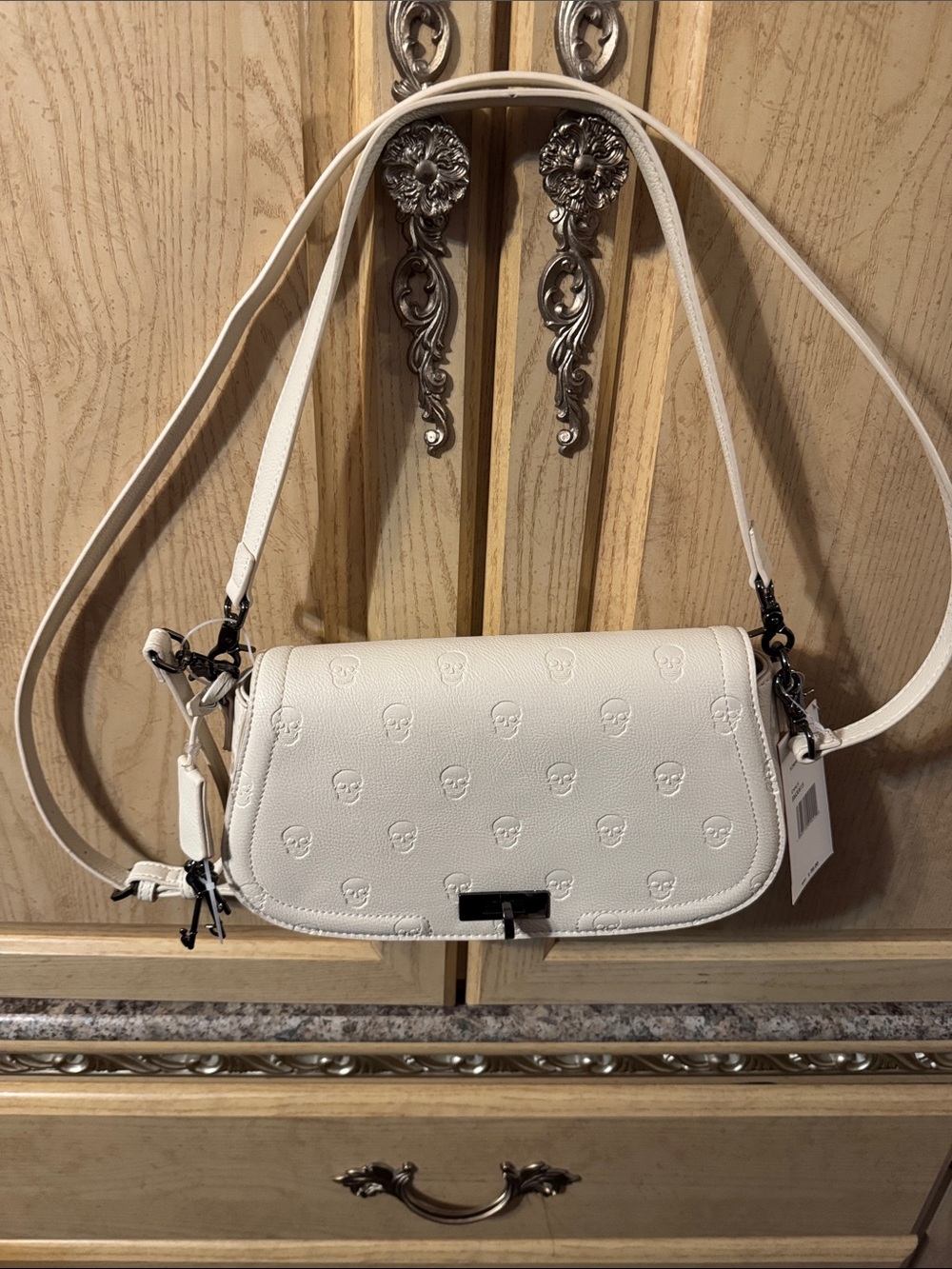 Women's White Embossed Skull Leather Crossbody or Shoulder Bag